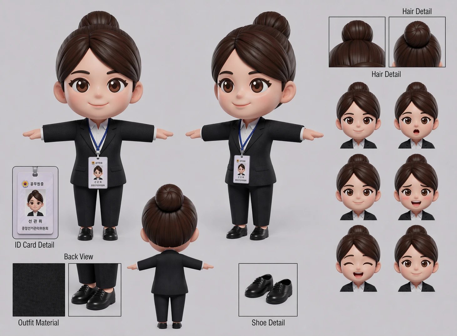 정장을 입은 선거관리위원회 캐릭터의 정면·측면·후면과 표정 시트